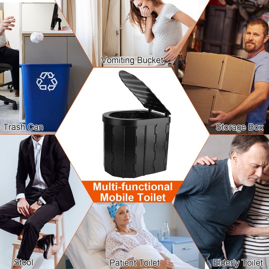 1Pc Foldable Emergency Toilet Portable Porta Potty For Car Travel Camping Boating Hiking Cleanable Travel Commode With Lid Carry Bag 1 Roll Garbage Bags