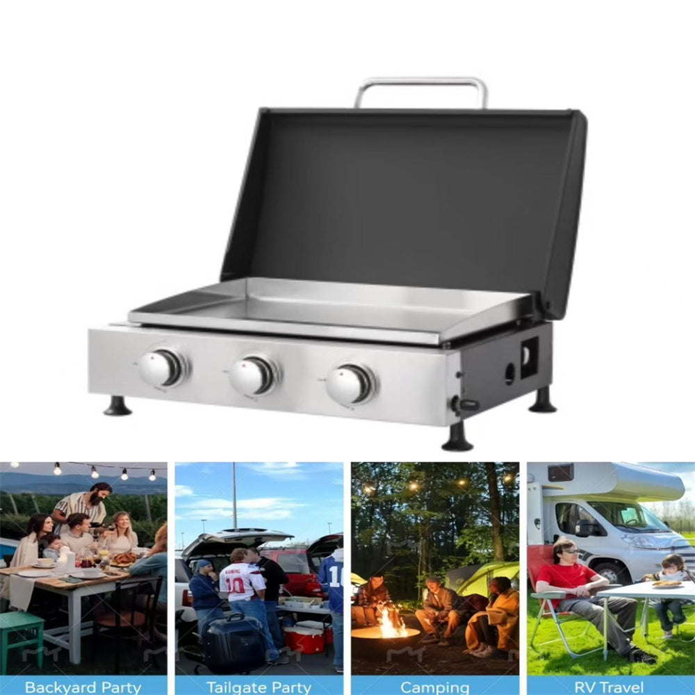 3Burner Propane Gas Grill And SS Plancha  2in1 BBQ & Griddle, Cast Iron Grate, Enamel Body, Compatible With 16oz Camping Tanks & 20lbs Backyard Tanks, 601 Sq.In Total Cooking Area