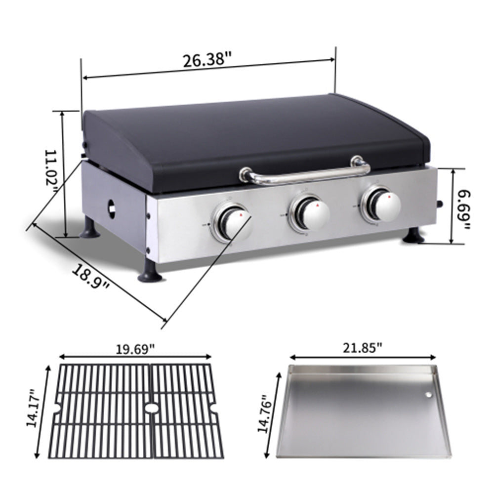3Burner Propane Gas Grill And SS Plancha  2in1 BBQ & Griddle, Cast Iron Grate, Enamel Body, Compatible With 16oz Camping Tanks & 20lbs Backyard Tanks, 601 Sq.In Total Cooking Area