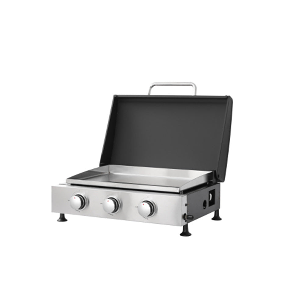 3Burner Propane Gas Grill And SS Plancha  2in1 BBQ & Griddle, Cast Iron Grate, Enamel Body, Compatible With 16oz Camping Tanks & 20lbs Backyard Tanks, 601 Sq.In Total Cooking Area
