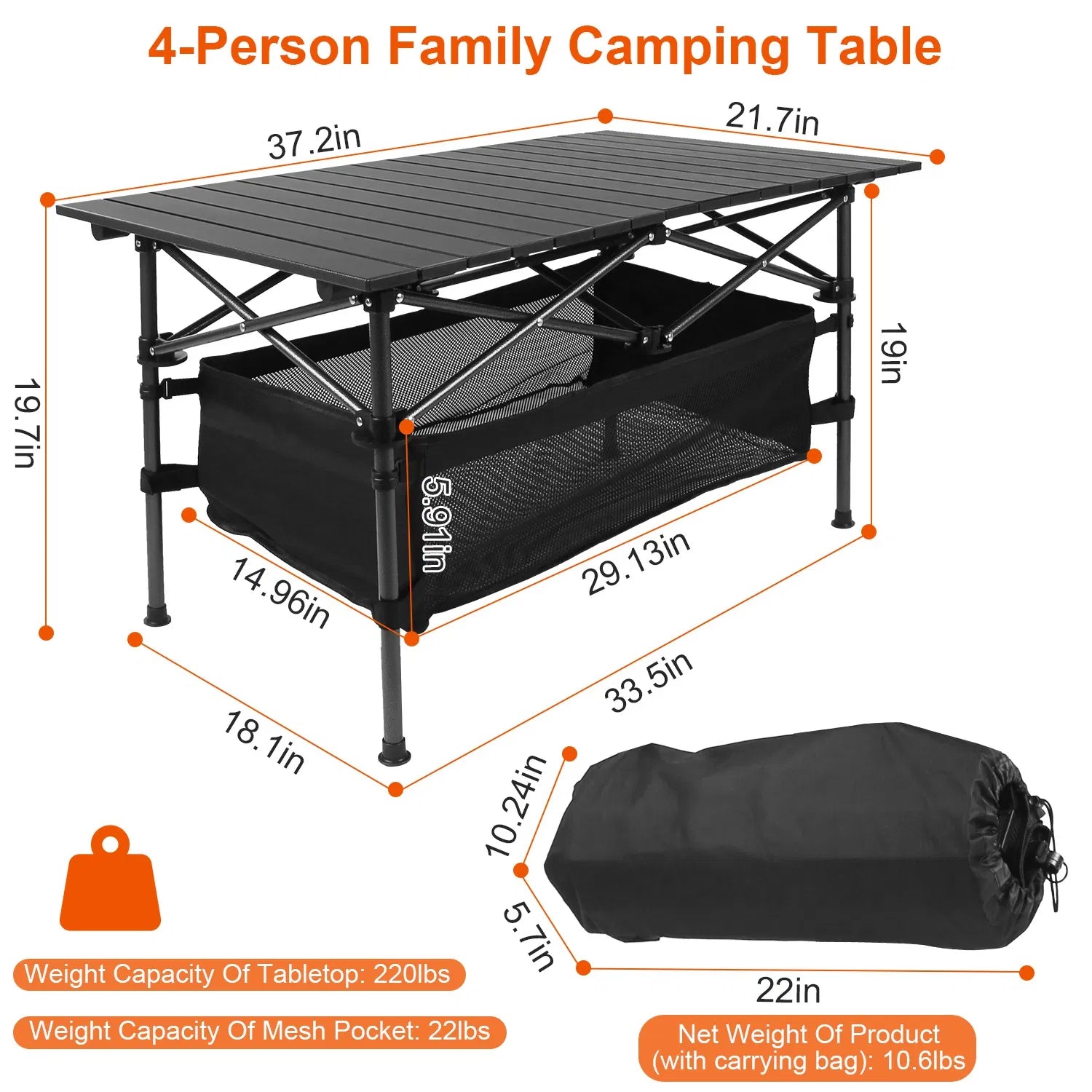 220 Lb Capacity Foldable Camping Table Aluminum Top & Steel Frame With Mesh Basket Portable BBQ Picnic Beach Table Includes Carry Bag