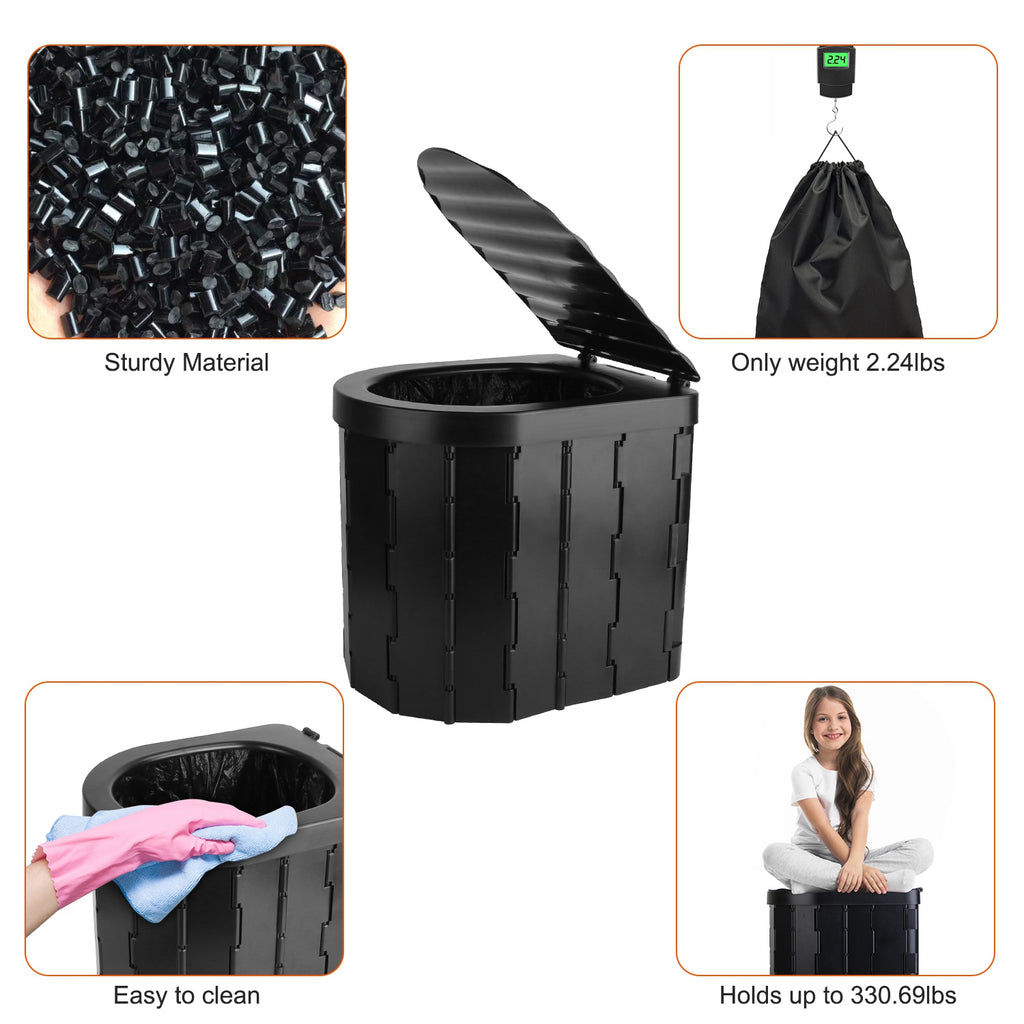 1Pc Foldable Emergency Toilet Portable Porta Potty For Car Travel Camping Boating Hiking Cleanable Travel Commode With Lid Carry Bag 1 Roll Garbage Bags