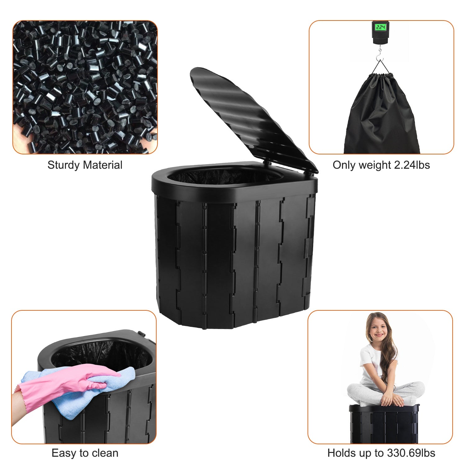 1Pc Foldable Emergency Toilet Portable Porta Potty For Car Travel Camping Boating Hiking Cleanable Travel Commode With Lid Carry Bag 1 Roll Garbage Bags