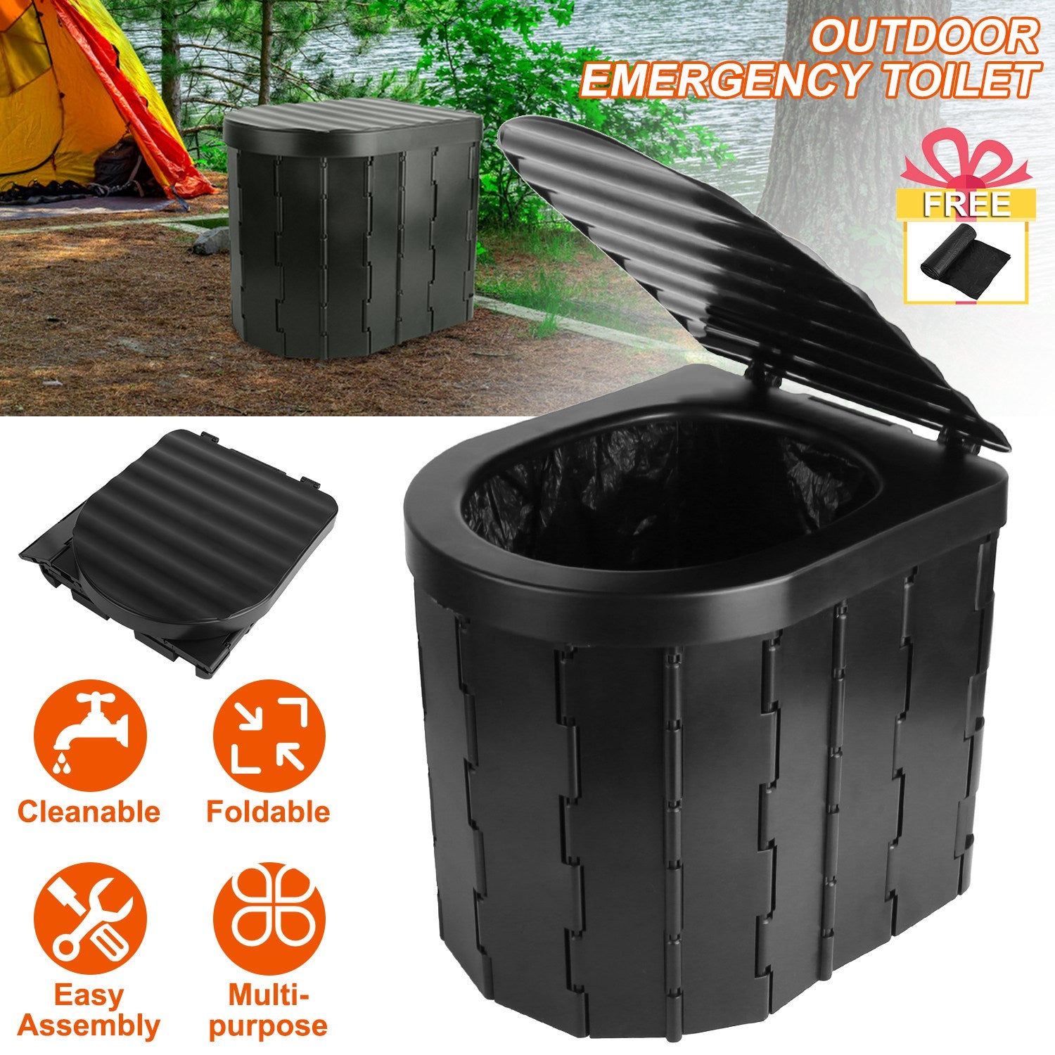 1Pc Foldable Emergency Toilet Portable Porta Potty For Car Travel Camping Boating Hiking Cleanable Travel Commode With Lid Carry Bag 1 Roll Garbage Bags