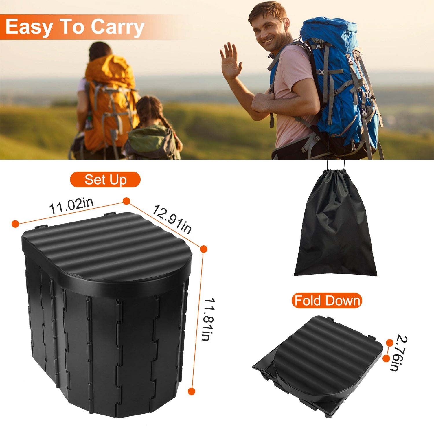 1Pc Foldable Emergency Toilet Portable Porta Potty For Car Travel Camping Boating Hiking Cleanable Travel Commode With Lid Carry Bag 1 Roll Garbage Bags