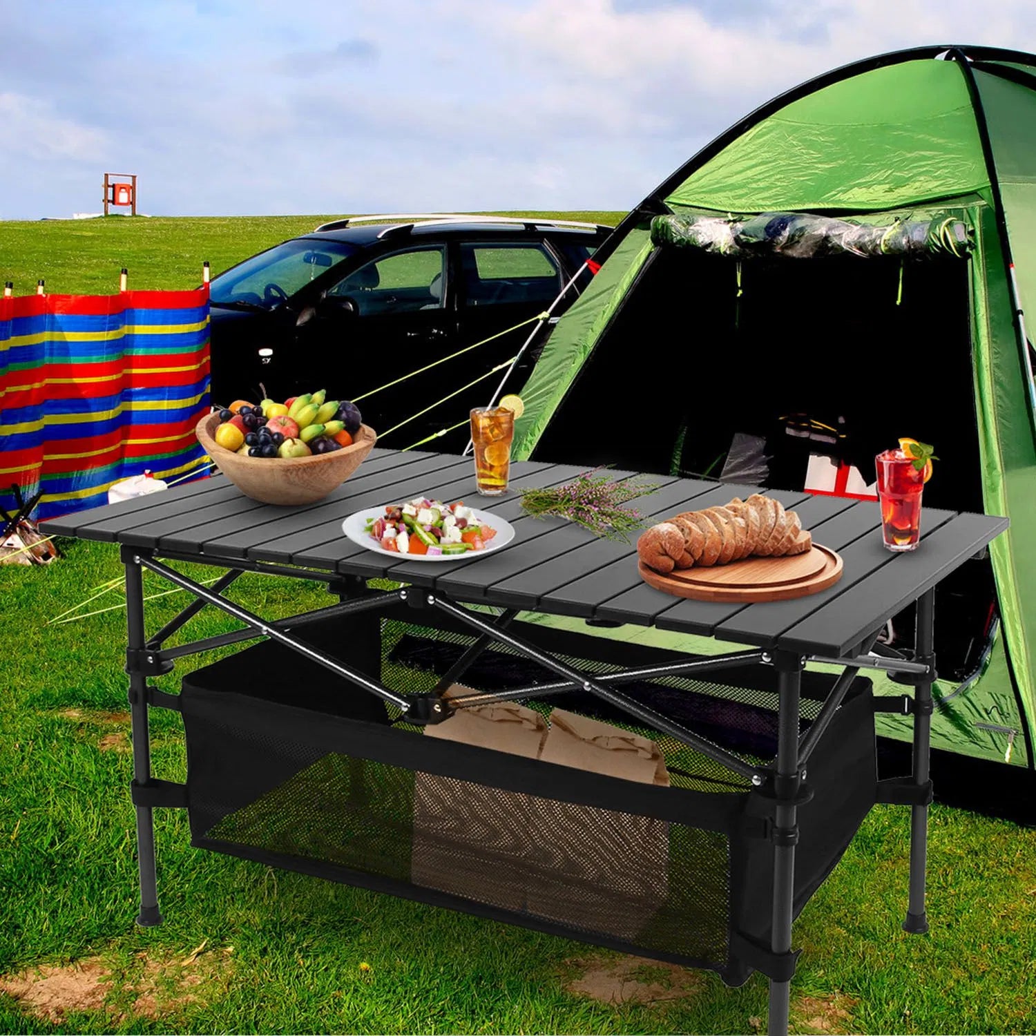 220 Lb Capacity Foldable Camping Table Aluminum Top & Steel Frame With Mesh Basket Portable BBQ Picnic Beach Table Includes Carry Bag